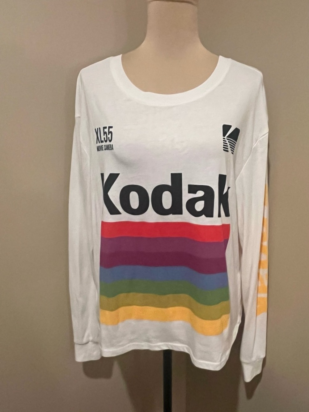 Kodak White Long-Sleeve Tee with Rainbow Stripes, size XXL